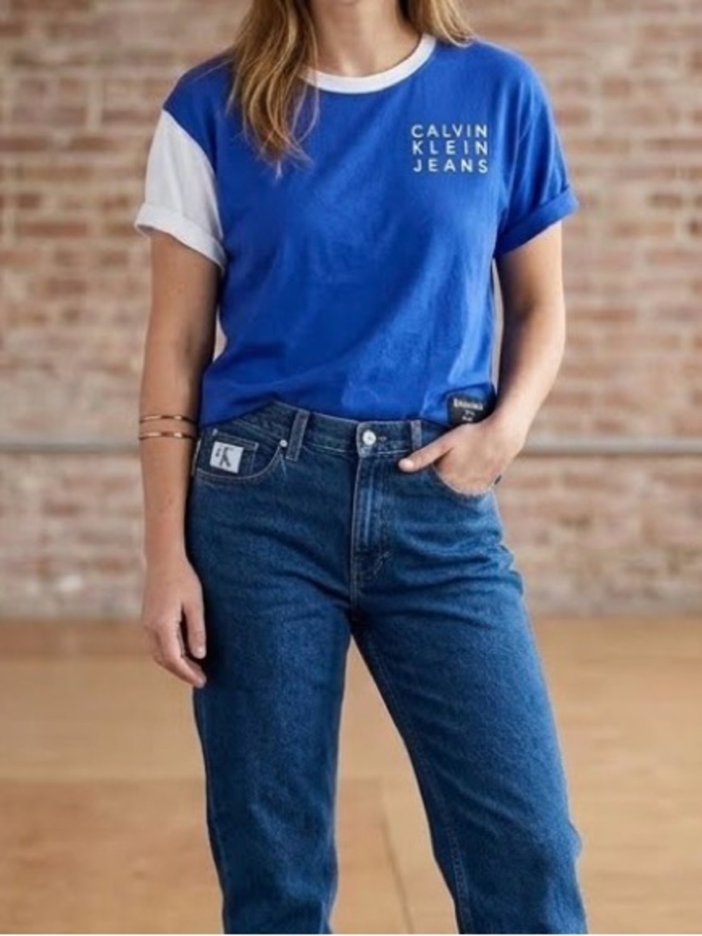 1990s Calvin Klein Jeans Royal Blue and White Short Sleeve Ringneck Tee